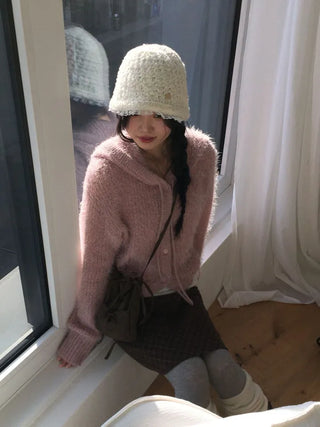 Yuju Avant Loose Hooded Button Pine Needle Knit Cardigan