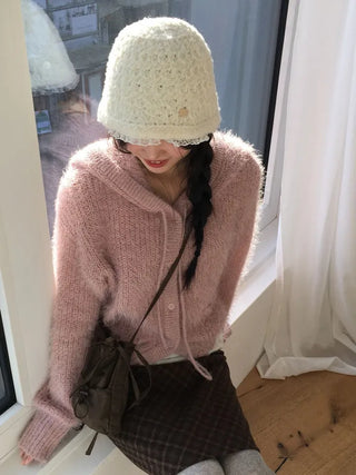 Yuju Avant Loose Hooded Button Pine Needle Knit Cardigan