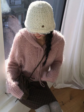 Yuju Avant Loose Hooded Button Pine Needle Knit Cardigan