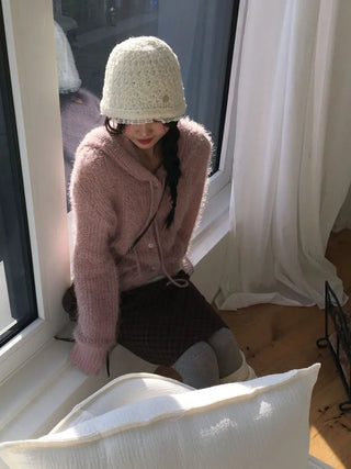 Yuju Avant Loose Hooded Button Pine Needle Knit Cardigan