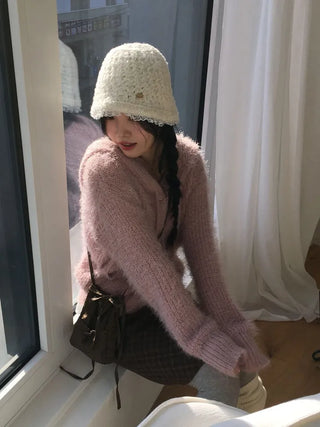 Yuju Avant Loose Hooded Button Pine Needle Knit Cardigan