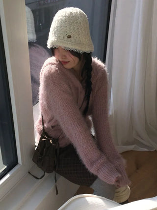 Yuju Avant Loose Hooded Button Pine Needle Knit Cardigan