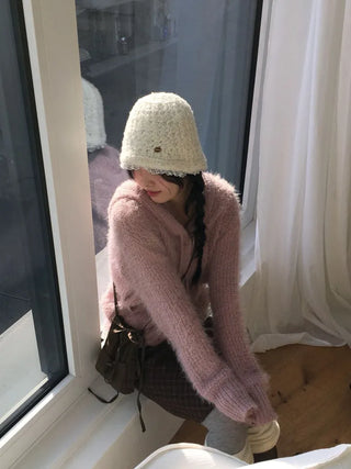 Yuju Avant Loose Hooded Button Pine Needle Knit Cardigan