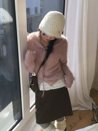 Yuju Avant Loose Hooded Button Pine Needle Knit Cardigan