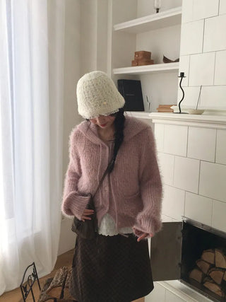 Yuju Avant Loose Hooded Button Pine Needle Knit Cardigan