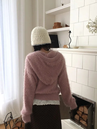 Yuju Avant Loose Hooded Button Pine Needle Knit Cardigan
