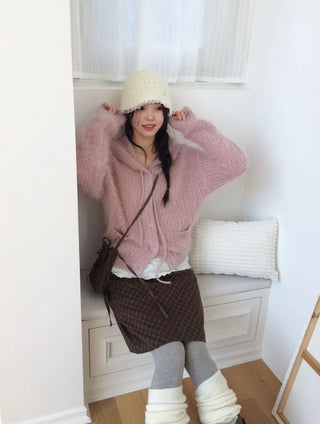 Yuju Avant Loose Hooded Button Pine Needle Knit Cardigan