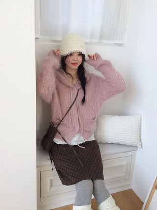 Yuju Avant Loose Hooded Button Pine Needle Knit Cardigan