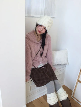 Yuju Avant Loose Hooded Button Pine Needle Knit Cardigan
