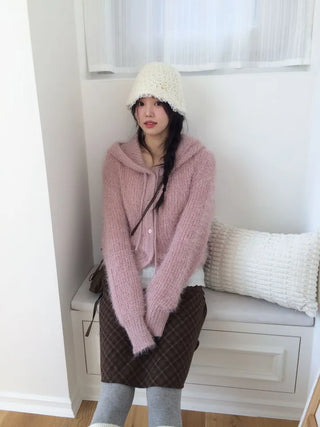 Yuju Avant Loose Hooded Button Pine Needle Knit Cardigan