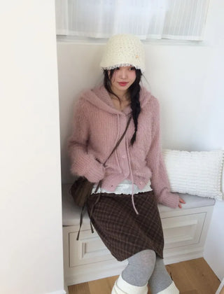 Yuju Avant Loose Hooded Button Pine Needle Knit Cardigan