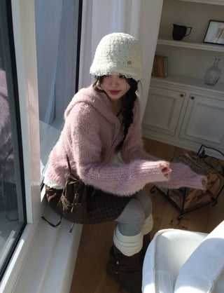 Yuju Avant Loose Hooded Button Pine Needle Knit Cardigan