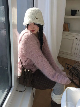 Yuju Avant Loose Hooded Button Pine Needle Knit Cardigan
