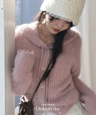 Yuju Avant Loose Hooded Button Pine Needle Knit Cardigan