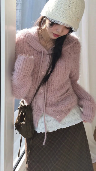 Yuju Avant Loose Hooded Button Pine Needle Knit Cardigan