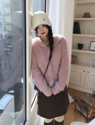 Yuju Avant Loose Hooded Button Pine Needle Knit Cardigan