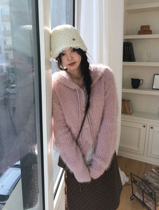 Yuju Avant Loose Hooded Button Pine Needle Knit Cardigan
