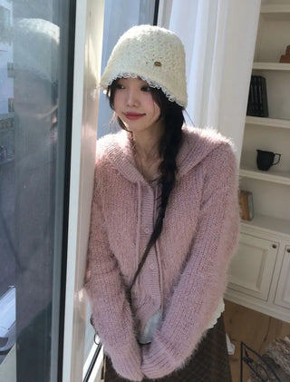 Yuju Avant Loose Hooded Button Pine Needle Knit Cardigan