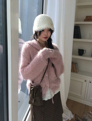 Yuju Avant Loose Hooded Button Pine Needle Knit Cardigan