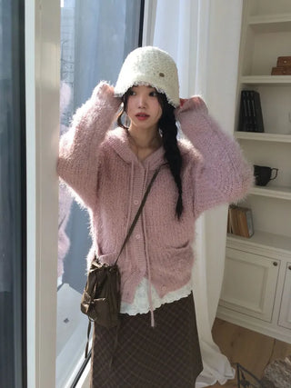 Yuju Avant Loose Hooded Button Pine Needle Knit Cardigan