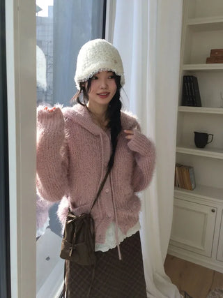 Yuju Avant Loose Hooded Button Pine Needle Knit Cardigan