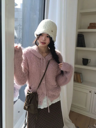 Yuju Avant Loose Hooded Button Pine Needle Knit Cardigan