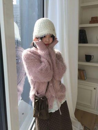 Yuju Avant Loose Hooded Button Pine Needle Knit Cardigan