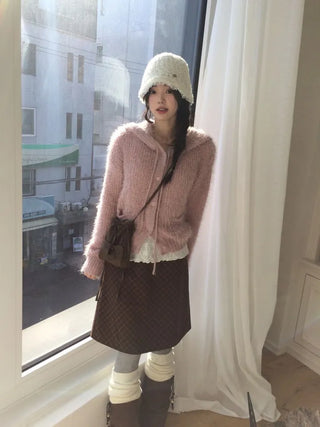 Yuju Avant Loose Hooded Button Pine Needle Knit Cardigan