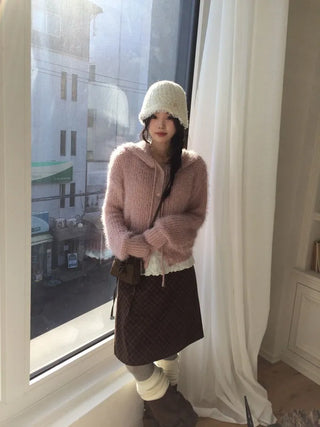 Yuju Avant Loose Hooded Button Pine Needle Knit Cardigan