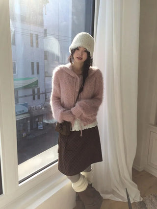Yuju Avant Loose Hooded Button Pine Needle Knit Cardigan