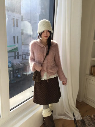 Yuju Avant Loose Hooded Button Pine Needle Knit Cardigan