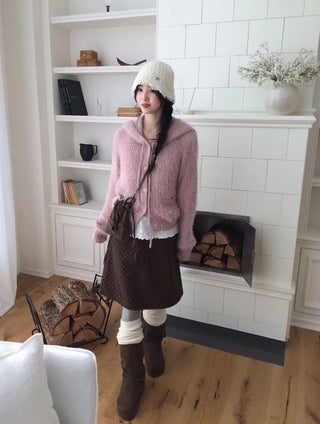 Yuju Avant Loose Hooded Button Pine Needle Knit Cardigan