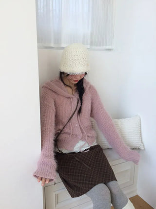 Yuju Avant Loose Hooded Button Pine Needle Knit Cardigan