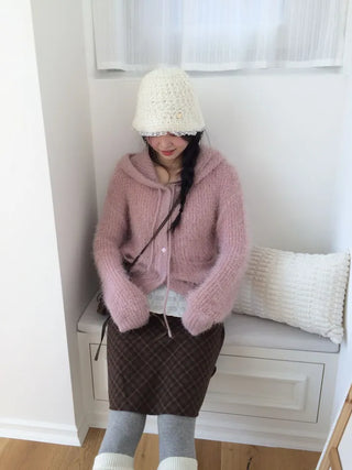 Yuju Avant Loose Hooded Button Pine Needle Knit Cardigan