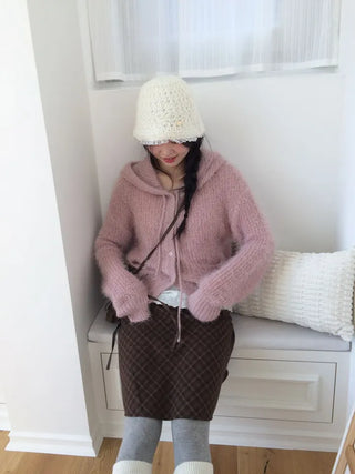 Yuju Avant Loose Hooded Button Pine Needle Knit Cardigan