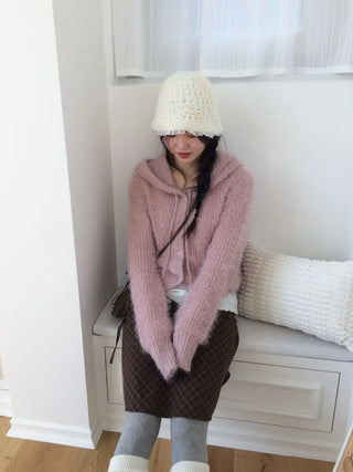 Yuju Avant Loose Hooded Button Pine Needle Knit Cardigan