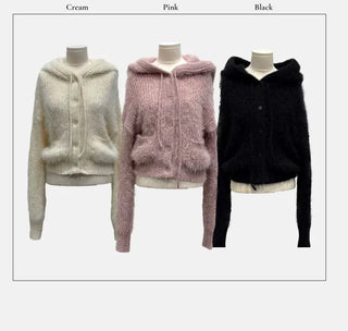 Yuju Avant Loose Hooded Button Pine Needle Knit Cardigan