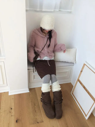 Yuju Avant Loose Hooded Button Pine Needle Knit Cardigan