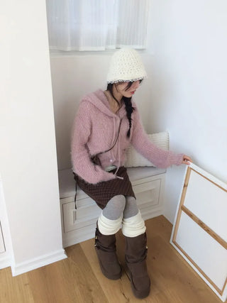 Yuju Avant Loose Hooded Button Pine Needle Knit Cardigan