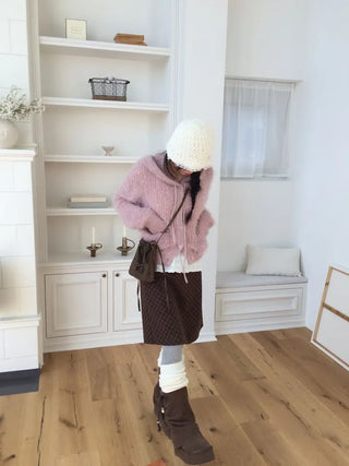 Yuju Avant Loose Hooded Button Pine Needle Knit Cardigan