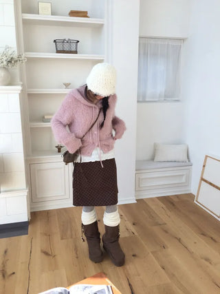 Yuju Avant Loose Hooded Button Pine Needle Knit Cardigan