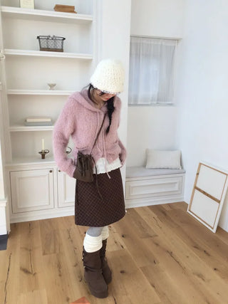 Yuju Avant Loose Hooded Button Pine Needle Knit Cardigan