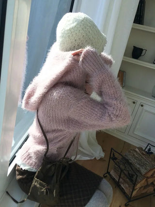 Yuju Avant Loose Hooded Button Pine Needle Knit Cardigan