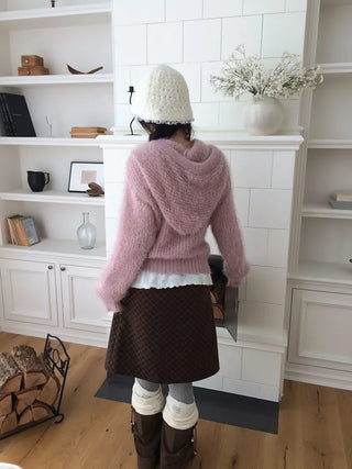 Yuju Avant Loose Hooded Button Pine Needle Knit Cardigan