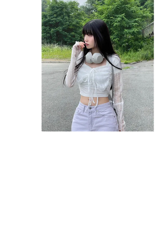 Canil shirring lace warmer double strap crop cardigan