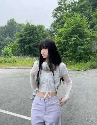 Canil shirring lace warmer double strap crop cardigan