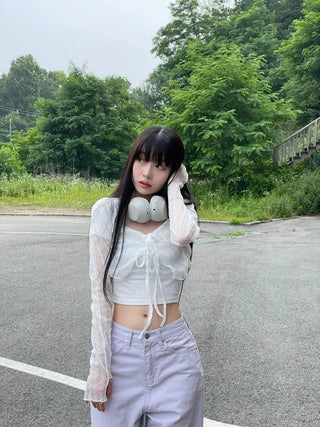 Canil shirring lace warmer double strap crop cardigan