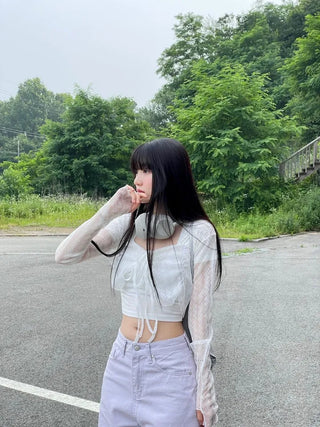 Canil shirring lace warmer double strap crop cardigan