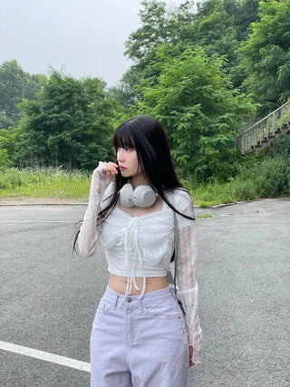 Canil shirring lace warmer double strap crop cardigan