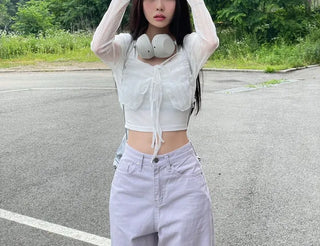 Canil shirring lace warmer double strap crop cardigan